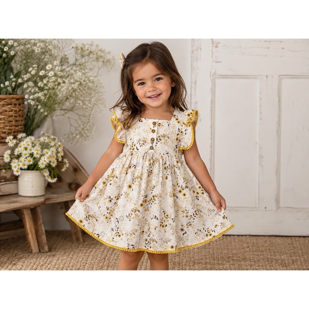 SHABBY CHIC Girls Floral Dress 2T Cotton-Yellow-Cottagecore-Pom Trim-Twirl-Lined